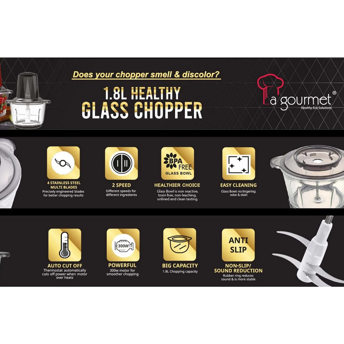 La Gourmet Healthy Glass Food Chopper 1.8L 300W Black LGELGC359650