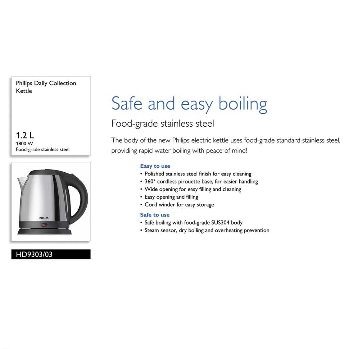 Philips Daily Collection Stainless Steel Kettle 1.2L, 1800W (HD9303/03)