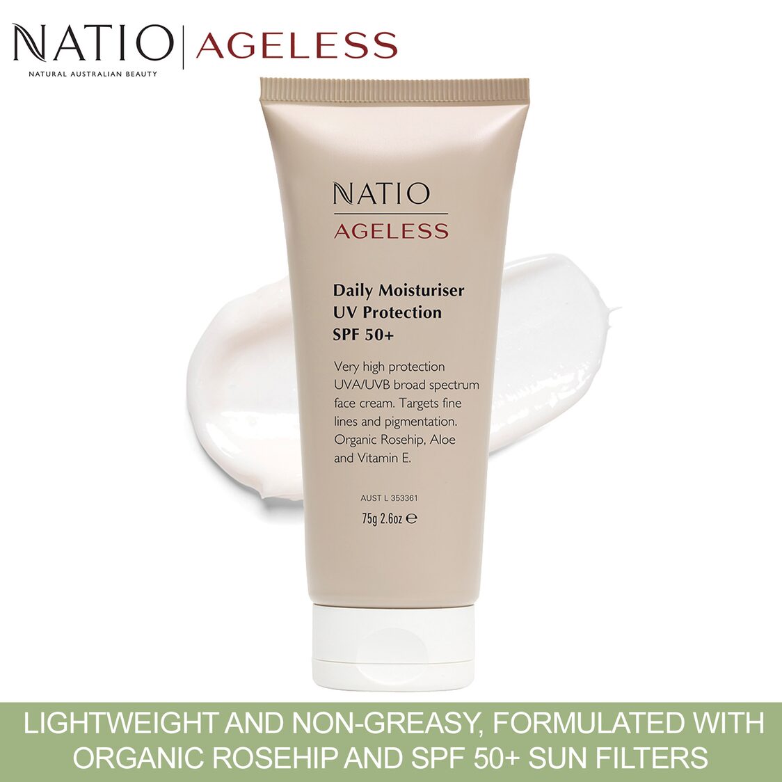 Natio Ageless Daily Moisturiser UV Protection Spf 50+ 75g