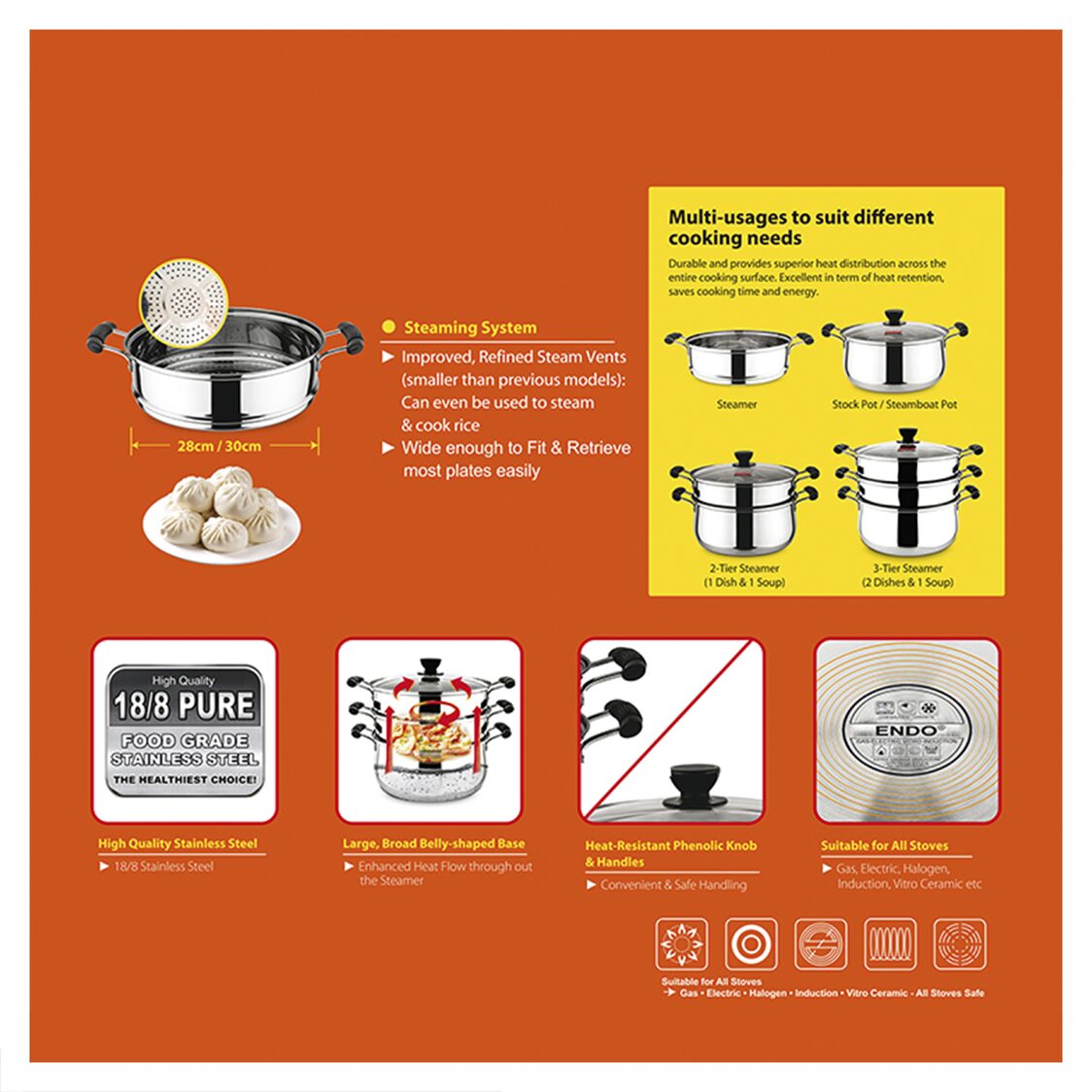 ENDO Stainless Steel Steamer 28cm 2-Tier (E-S282T)