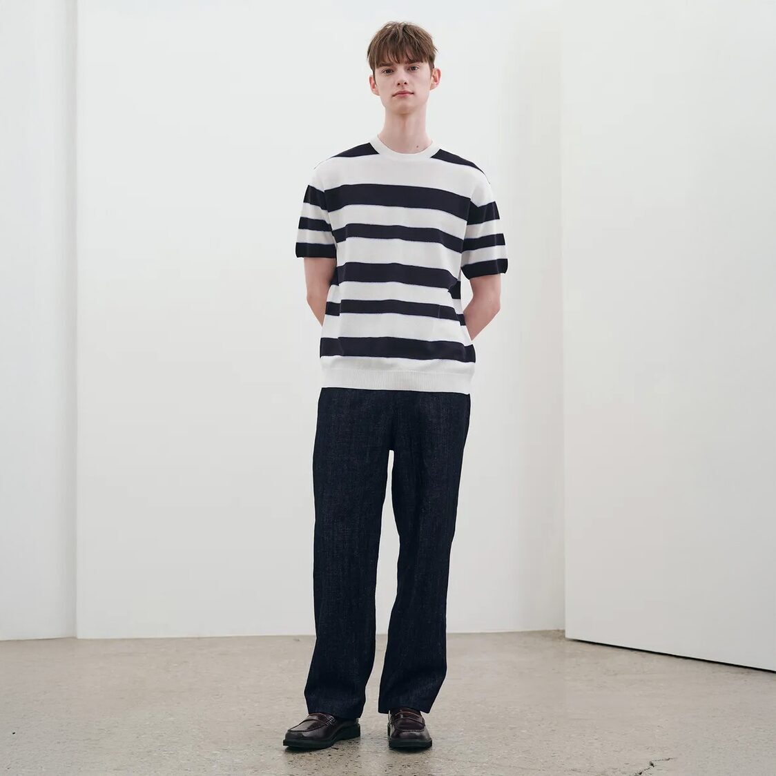 Mind Bridge Striped Short-Sleeved Knit Navy