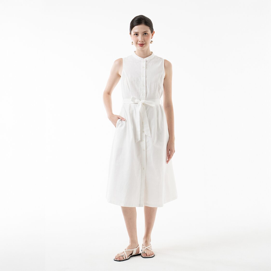 K/WOODS Tie-Waist Midi Dress in Off White