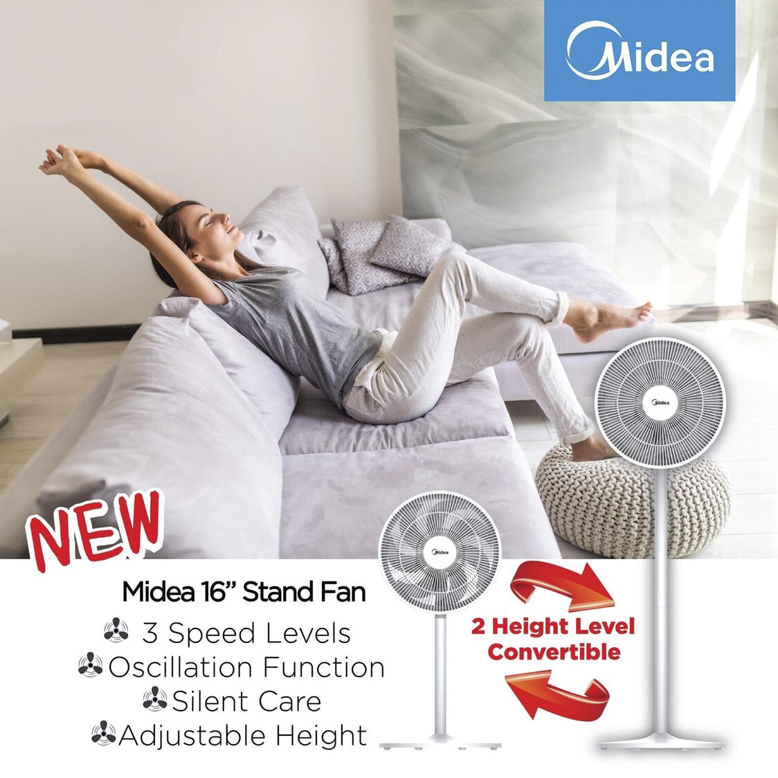 MIDEA 16'' 7 Blades Oscillation Stand Fan (MS-1618W)