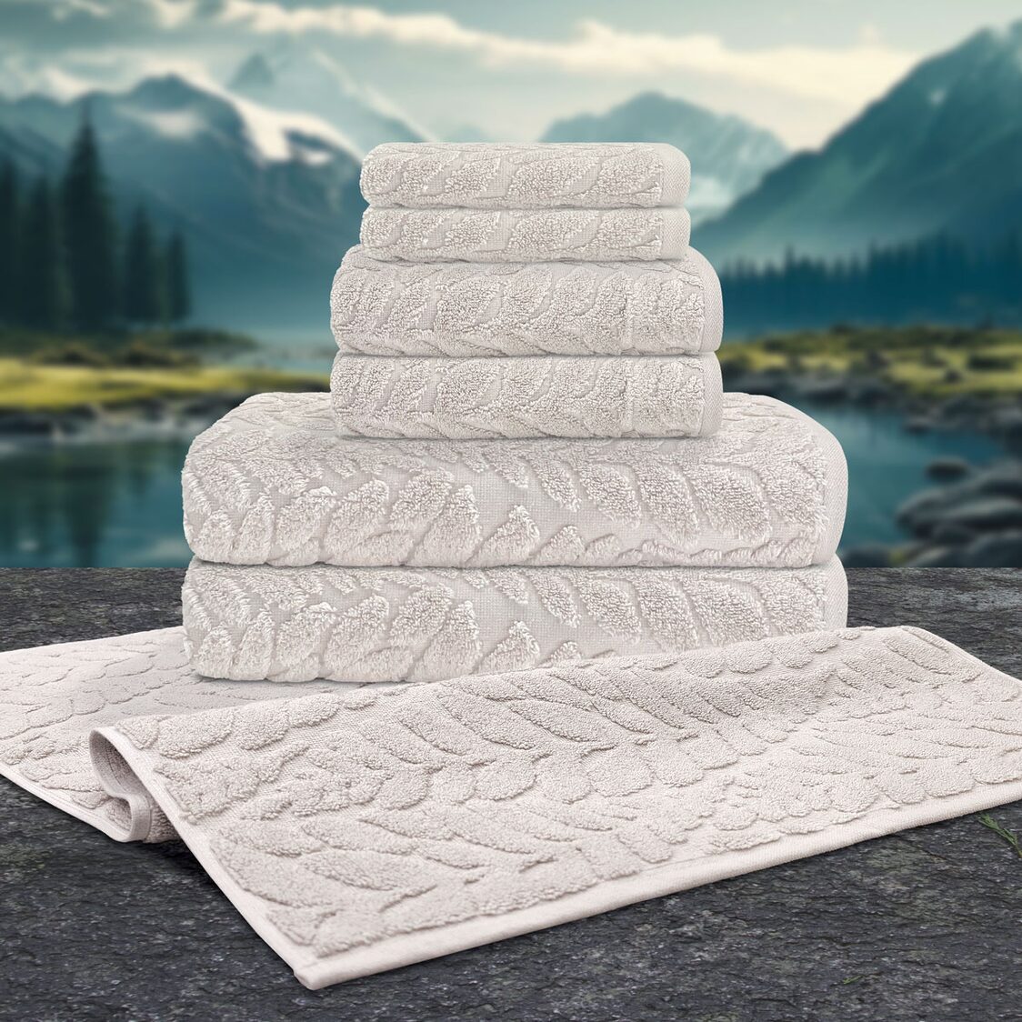 Signature Collection Chryssa The Jacque Series Airsense 7 PC Exquisite set ( 2 Face Towel + 2 Hand Towel + 2 Bath Towel + 1 Terry Mat ) - Stone