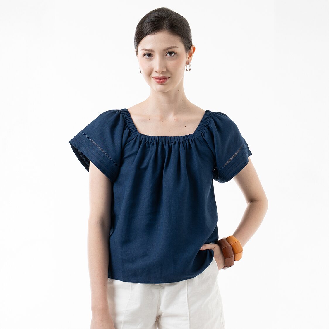 K/WOODS Boho Breeze Peasant Top in Midnight Blue
