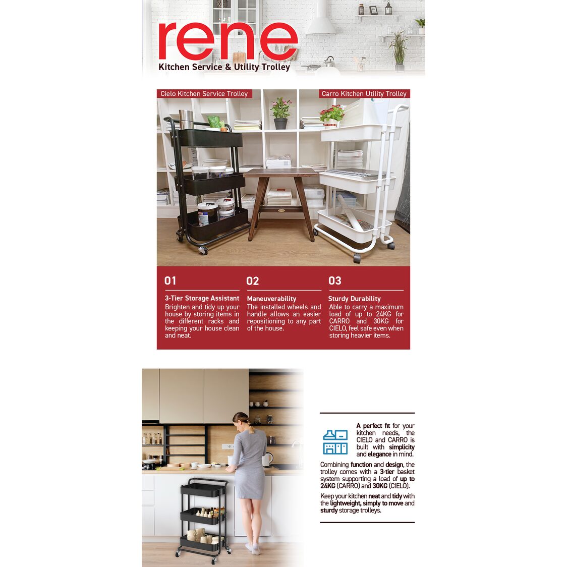 Rene Carro Kitchen Utility Trolley White (E70490)