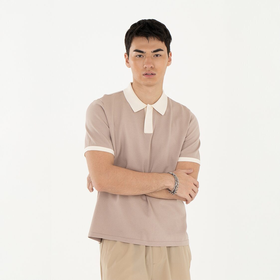 K/WOODS Ice Cool Loom Contrast Polo in Khaki