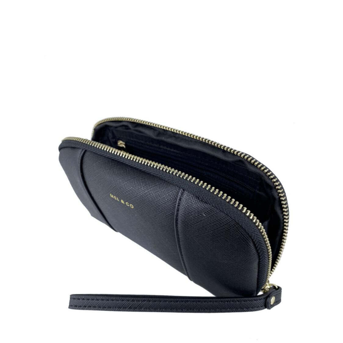 Mel&Co Saffiano-Effect Loop Handle Zip-Around Wristlet Pouch Black