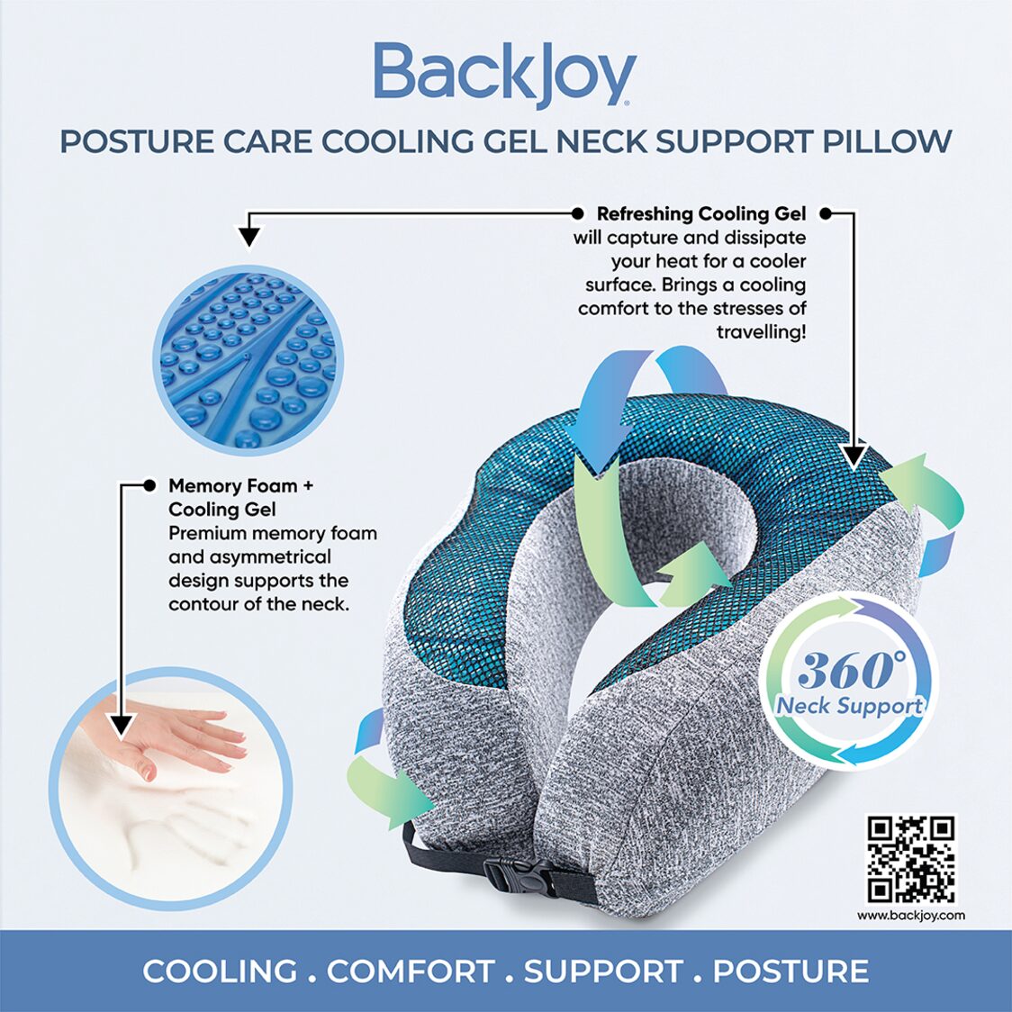 BackJoy Posture Care Neck Support Pillow with Cooling Gel - Dark Sky