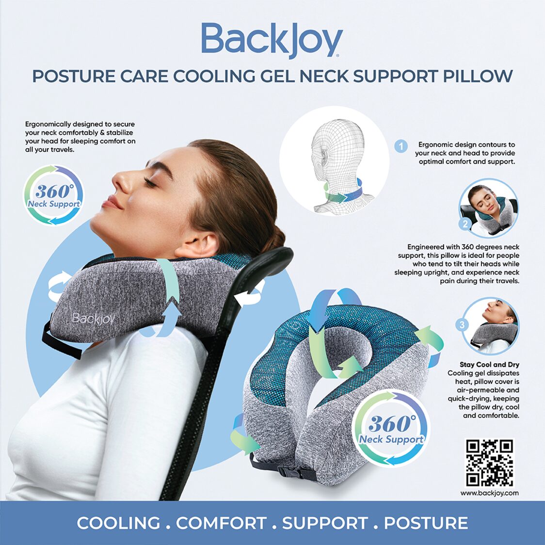 BackJoy Posture Care Neck Support Pillow with Cooling Gel - Dark Sky