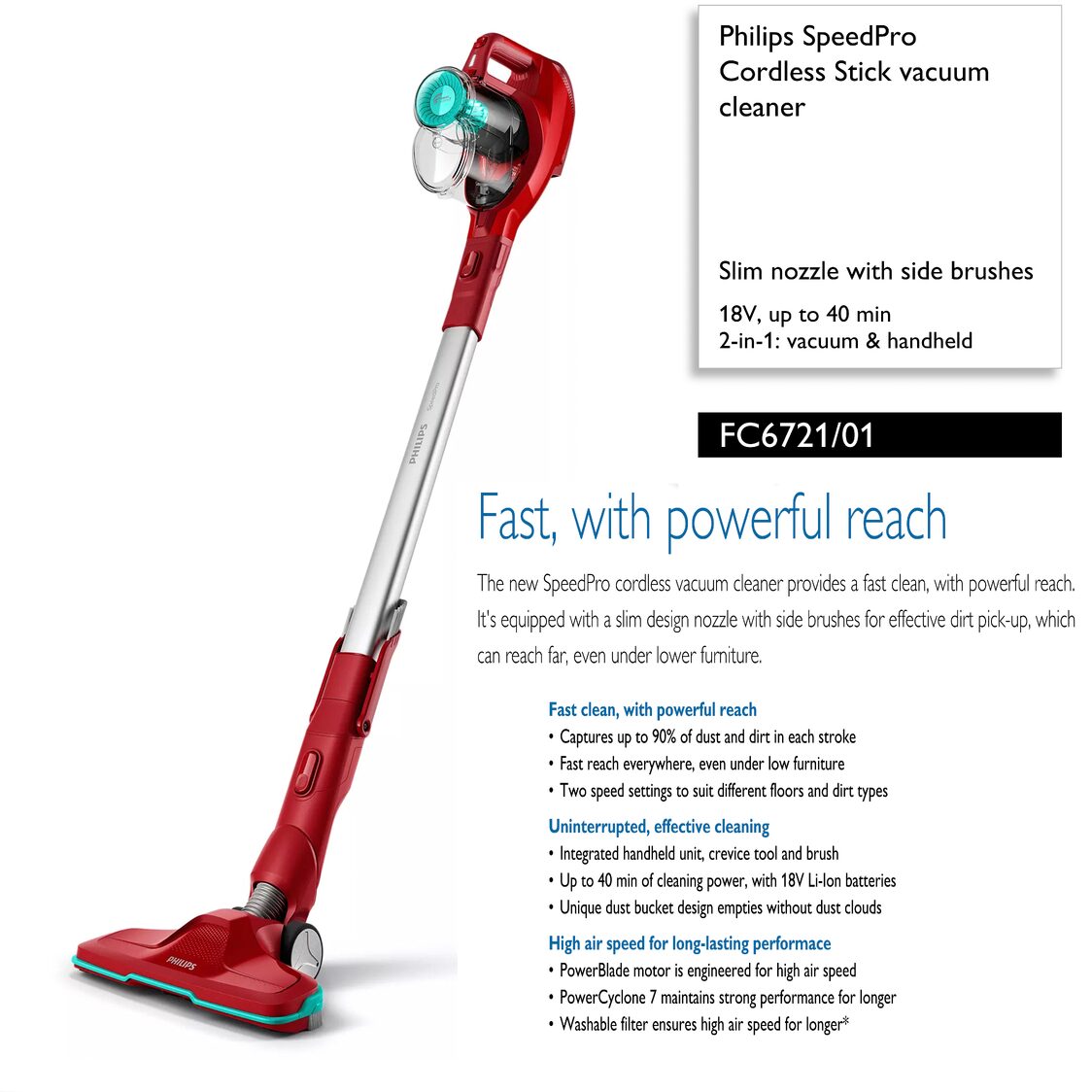 Philips Speed Pro Cordless 2-in-1 Handstick Vacuum (FC6721/01)