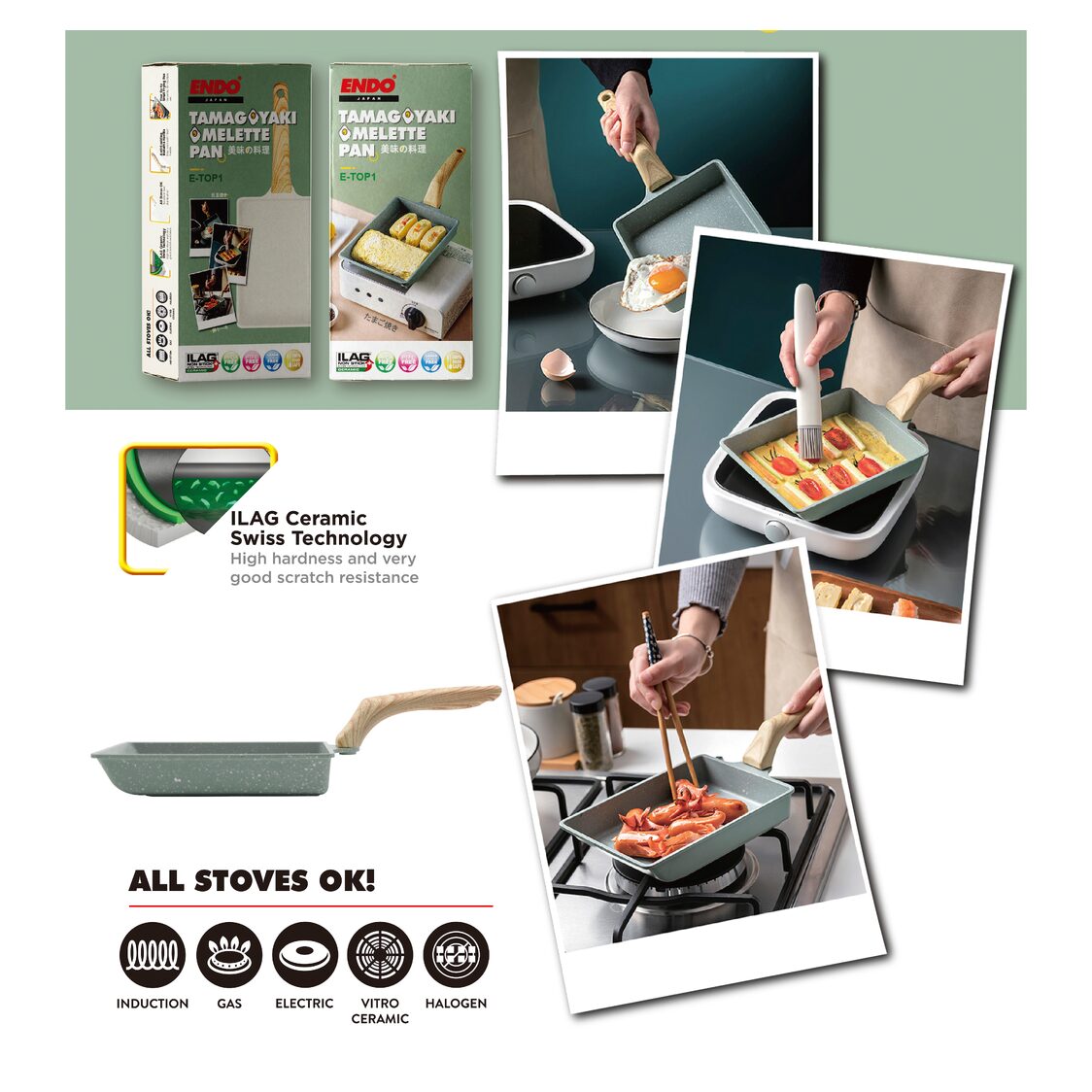 Endo Tamagoyaki IH Omelette Pan - Moss Green (E-TOP1)