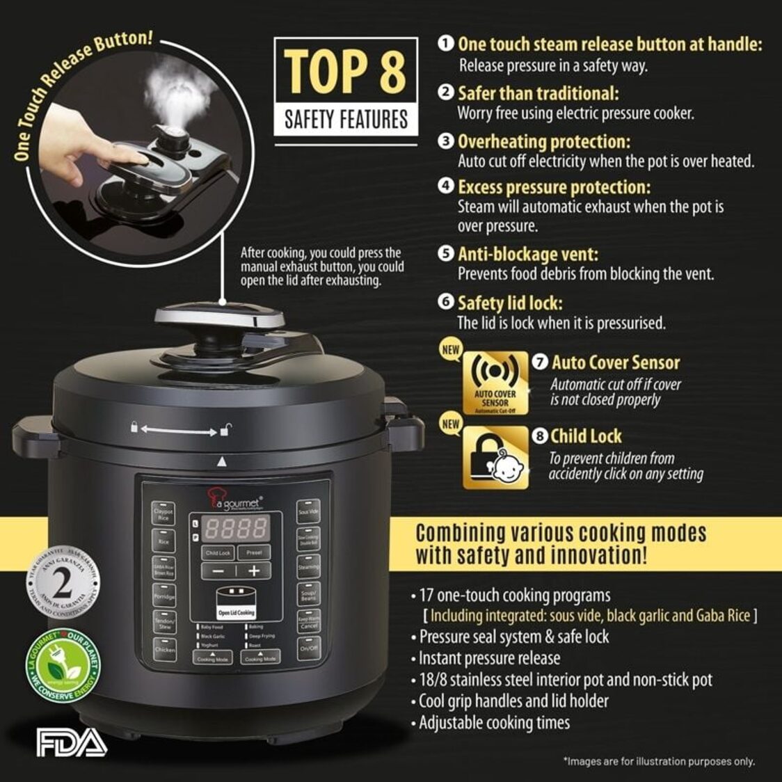 La Gourmet 6L Multifunctional Pressure Cooker with Free 6pcs Accessories Set (LGELPC361806) & Tupperware 5KG Rice Smart Container (361806 + 362575 + 000377)