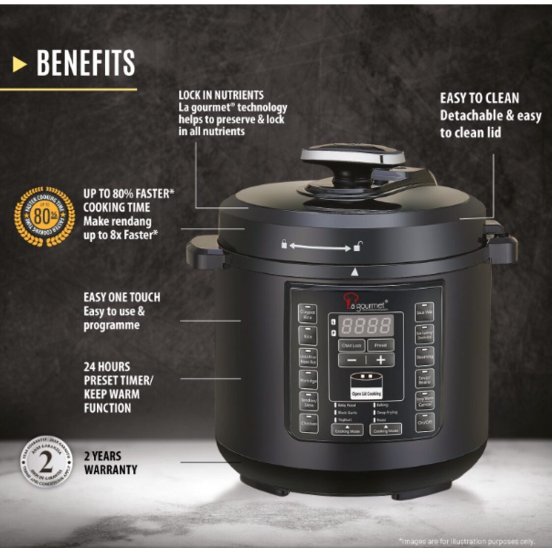 La Gourmet 6L Multifunctional Pressure Cooker with Free 6pcs Accessories Set (LGELPC361806) & Tupperware 5KG Rice Smart Container (361806 + 362575 + 000377)