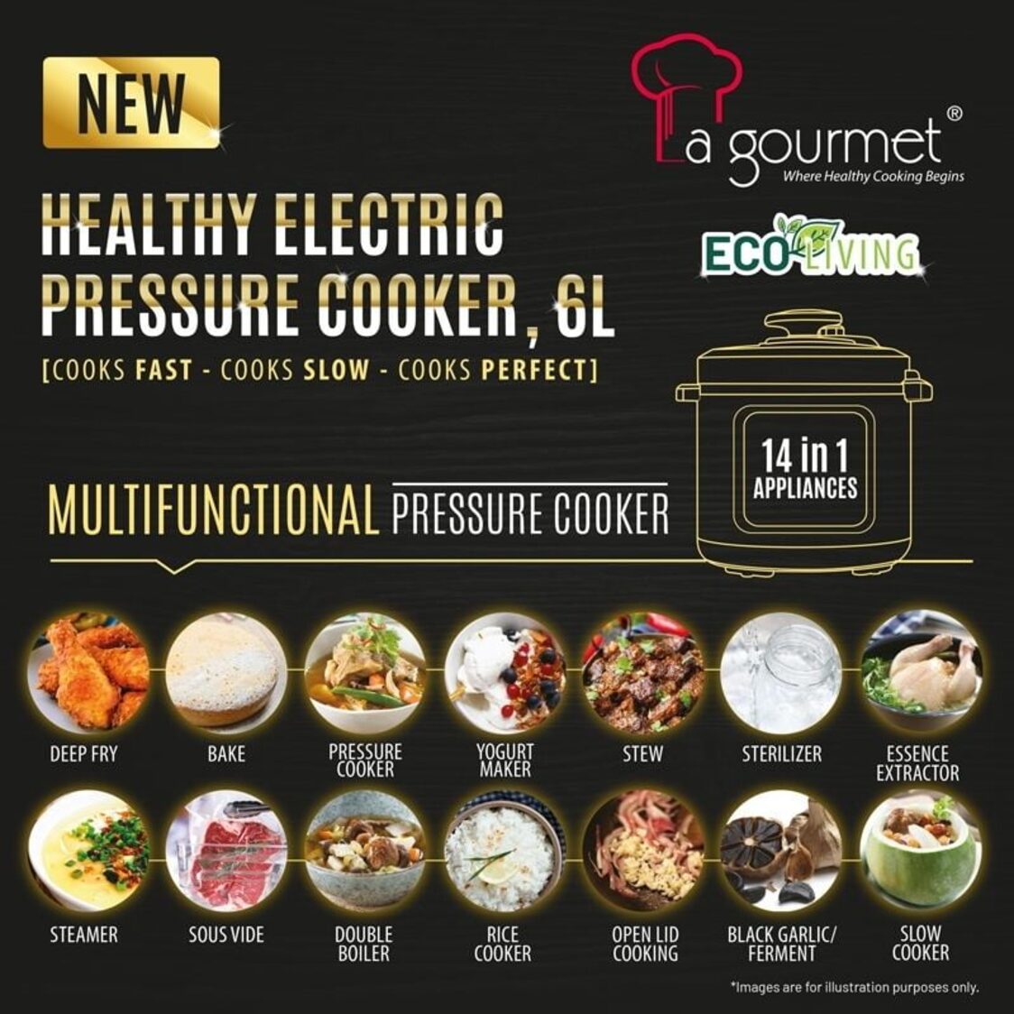 La Gourmet 6L Multifunctional Pressure Cooker with Free 6pcs Accessories Set (LGELPC361806) & Tupperware 5KG Rice Smart Container (361806 + 362575 + 000377)