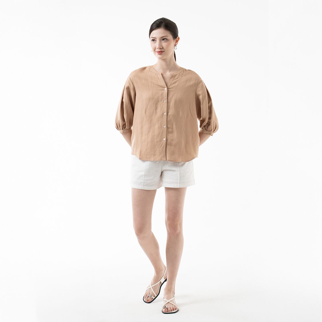 K/WOODS Minimalist Linen Puff Top in Off White