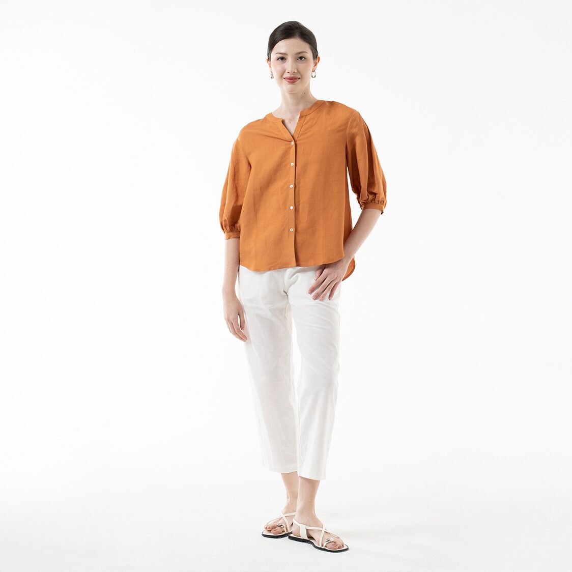 K/WOODS Minimalist Linen Puff Top in Caramel