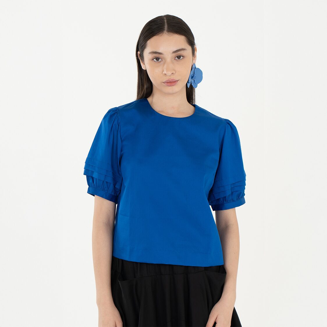 K/WOODS Stain Repellent Fold Puff Blouse In Blue