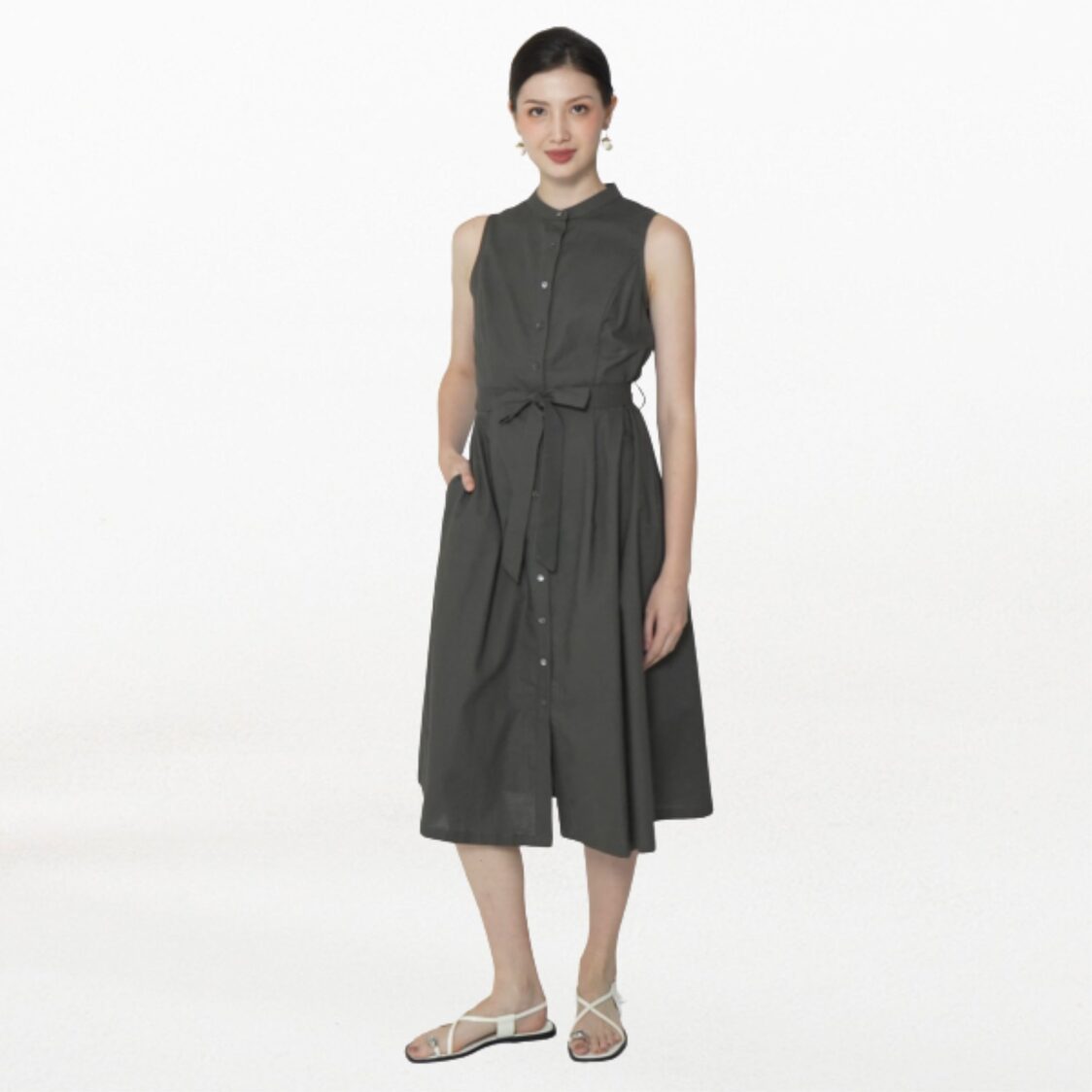 K/WOODS Tie-Waist Midi Dress in Dark Olive