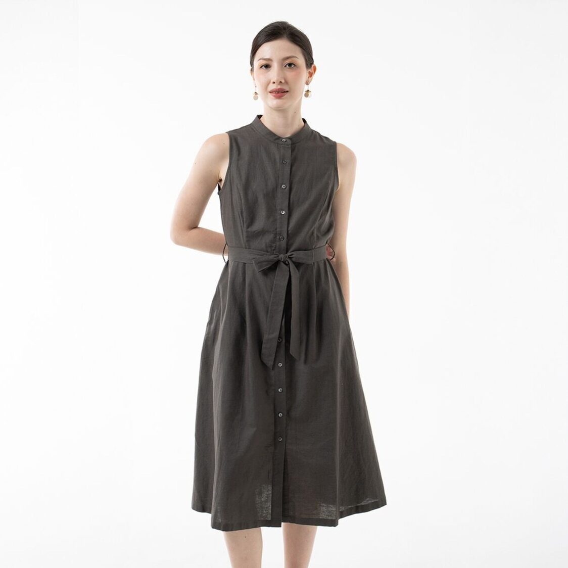K/WOODS Tie-Waist Midi Dress in Dark Olive