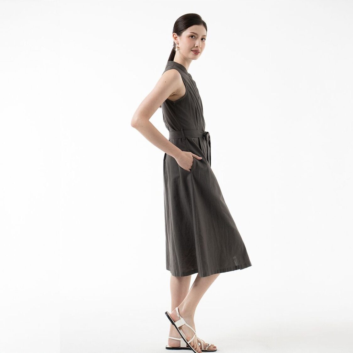 K/WOODS Tie-Waist Midi Dress in Dark Olive
