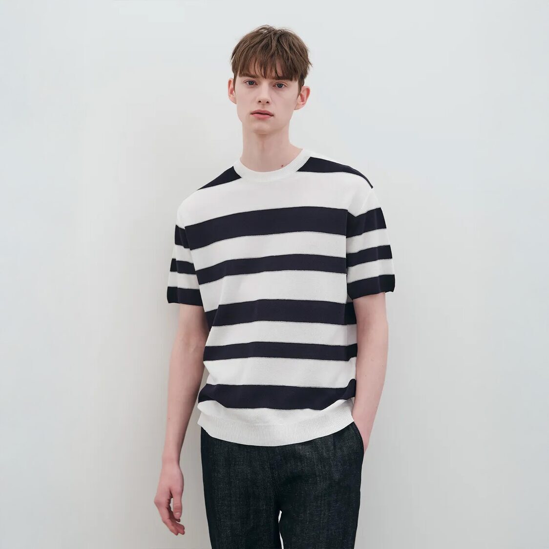 Mind Bridge Striped Short-Sleeved Knit Navy