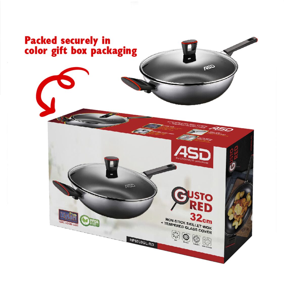 ASD Gusto Red Non-Stick Skillet Wok With Glass Lid 32cm (HP8332GL-RD)