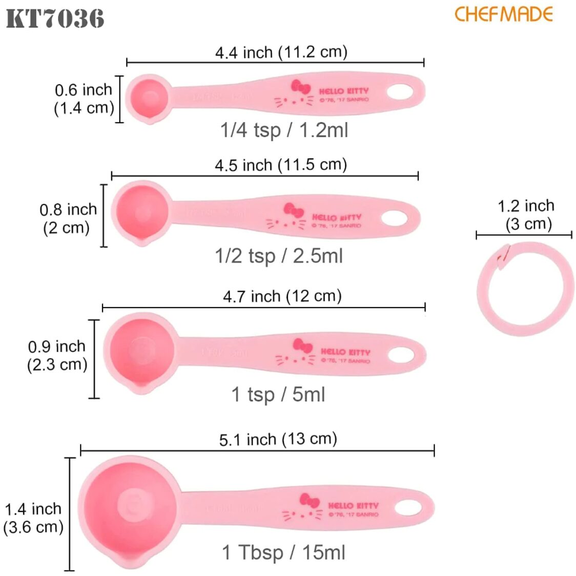 Chefmade PP Measuring Spoon 4Pc 1.2+2.5+5+15Ml Hello Kitty (1898cm-KT7036)