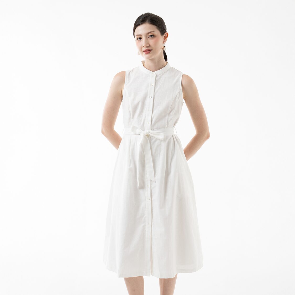 K/WOODS Tie-Waist Midi Dress in Off White