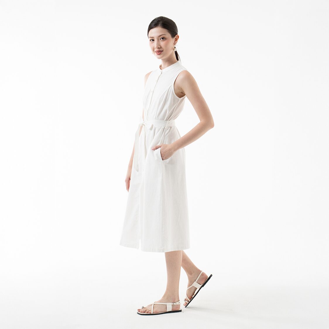 K/WOODS Tie-Waist Midi Dress in Off White