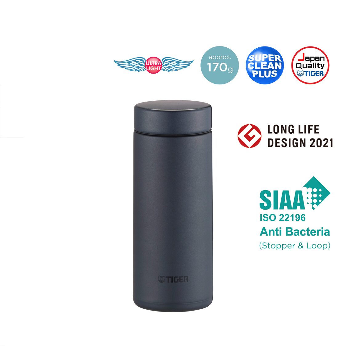 Tiger Anti-Bacteria Double Stainless Steel Thermal Mug 350ml - Steel Black (MMZ-K035 KS)