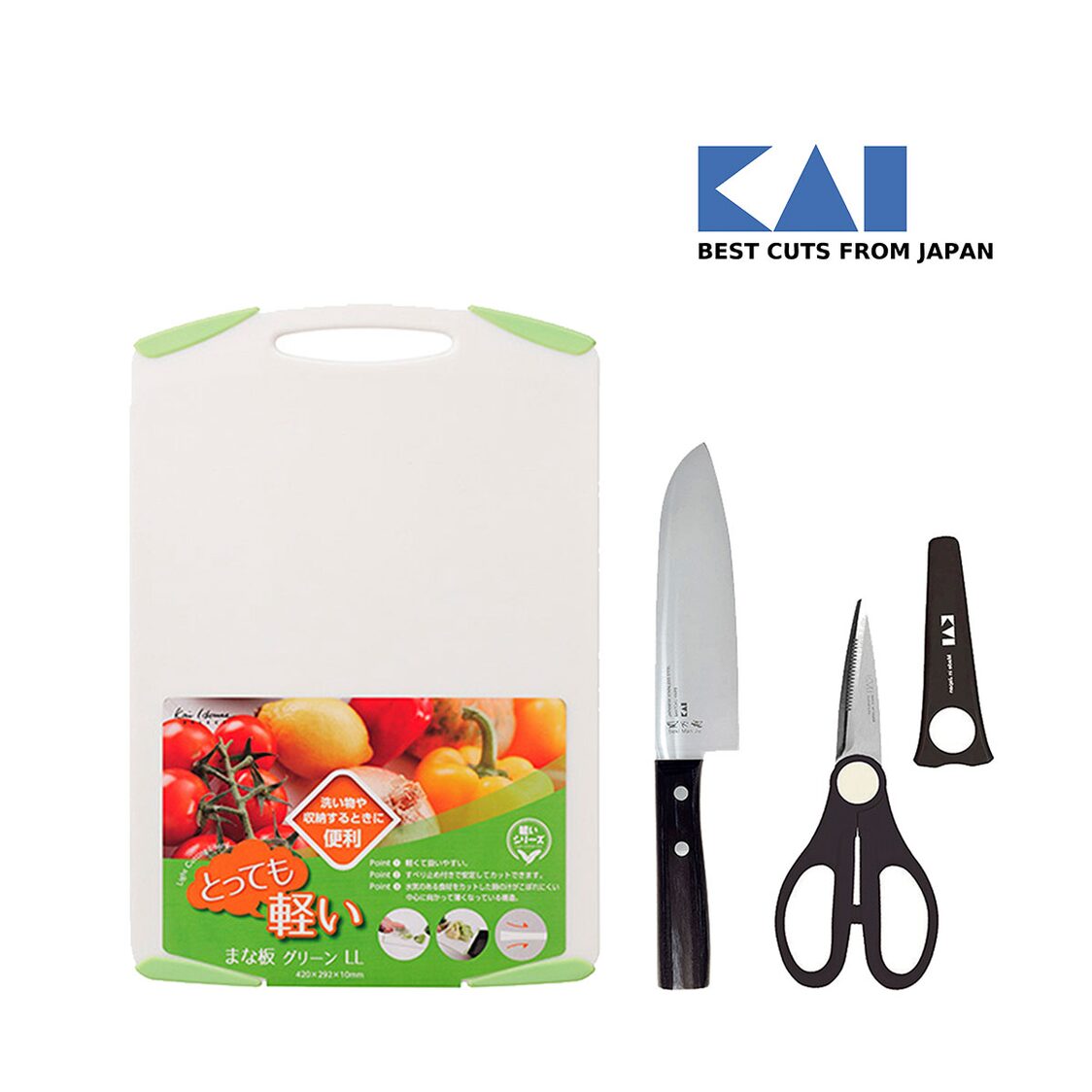 Kai Seki Manju Santoku Knife & Kitchen Scissors & Cutting Board Set
