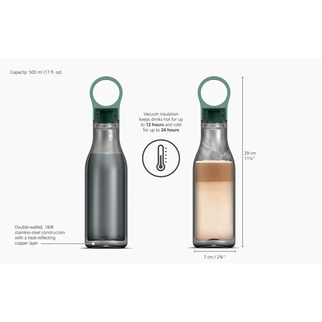 Joseph Joseph Loop 500ml Stainless Steel Vacuum Insulated Water Bottle - Blue