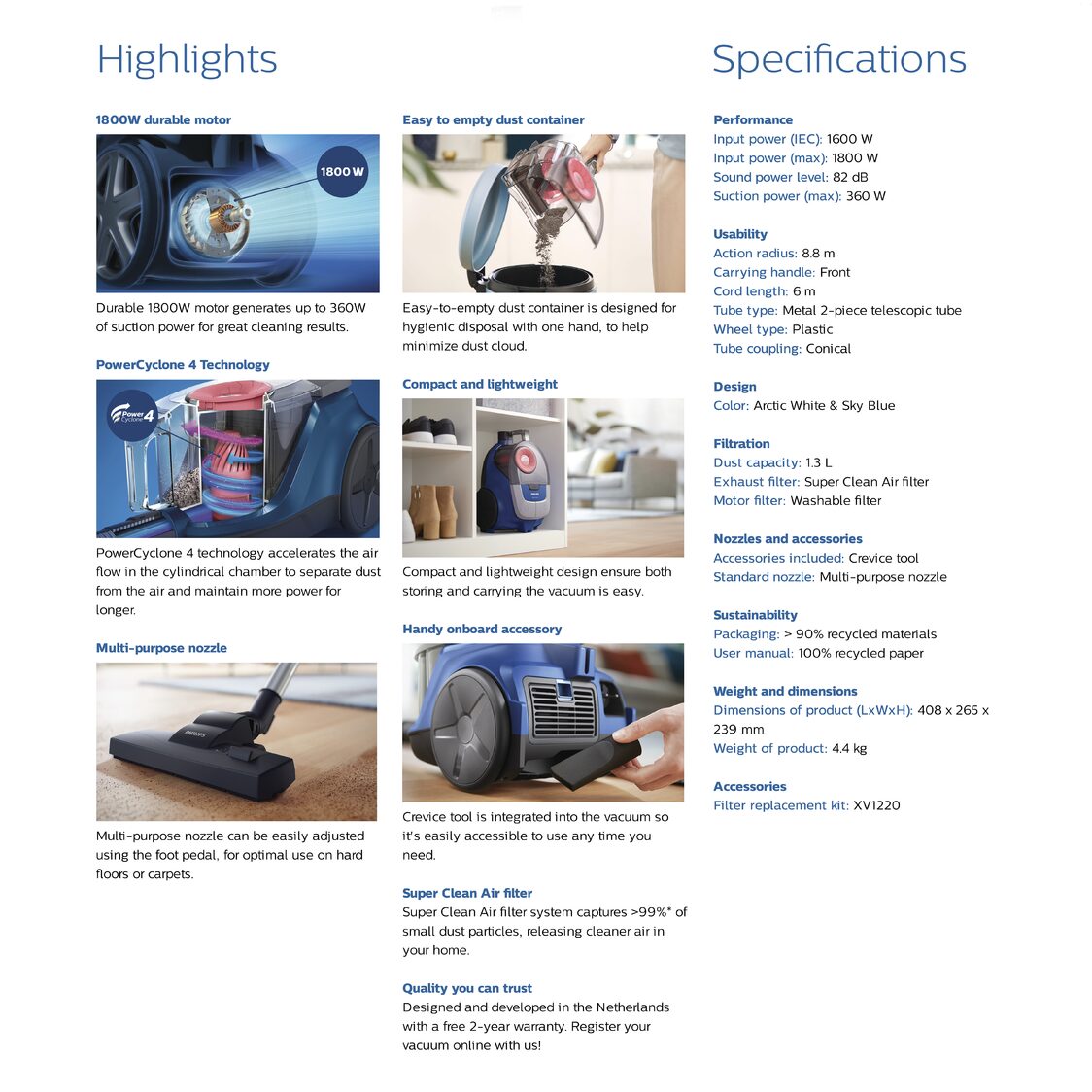 Philips 2000 Series Bagless Vacuum Cleaner 1800W (XB2023/61)