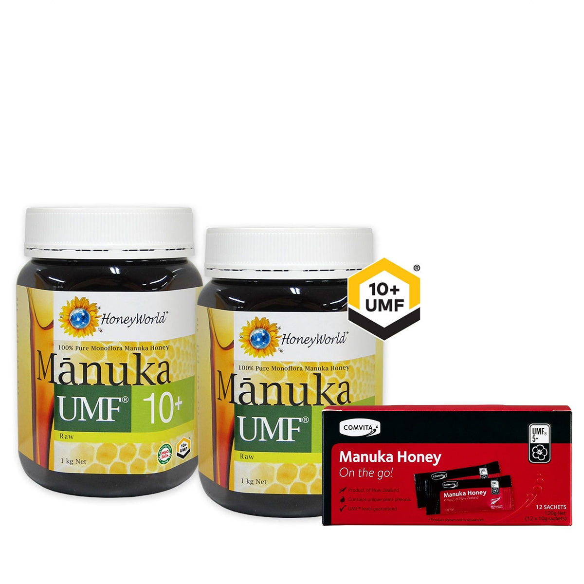 HoneyWorld®Raw Manuka UMF™10+ 1kg (2 Bottles) Free Sachets 12s
